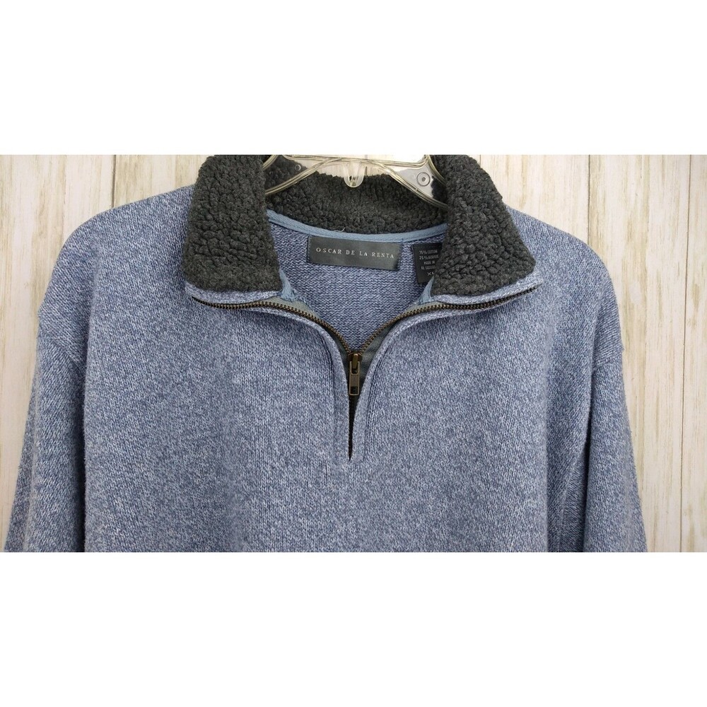 Oscar De La Renta Mens XL Blue Heather Sherpa Collar Pullover 1/4 Zip Sweater
